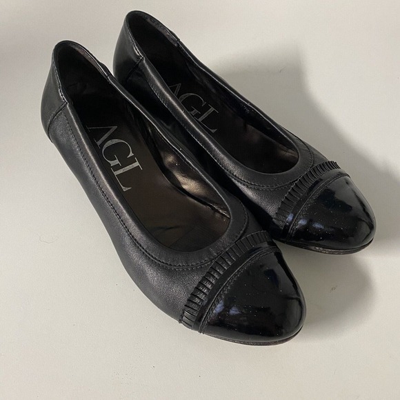 AGL Attilio Giusti Leombruni Pump Ballet Black Leather Pleated Low Heel … - Picture 3 of 6